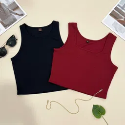 komurr Pack of 2 Beach Wear Sleeveless Solid Women Black, Maroon Top-picture-19