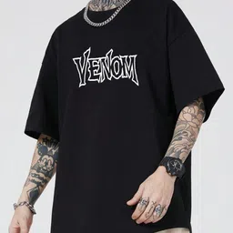 bqf Men Printed Round Neck Cotton Blend Black T-Shirt image 2