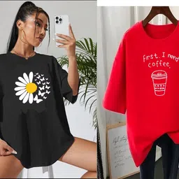 rapturous Pack of 2 Women Printed Round Neck Cotton Blend Black, Red T-Shirt image 1