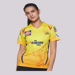 yclothy Women Printed, Typography Polo Neck Polyester Yellow T-Shirt image 1