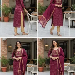 shefair Women Cotton Blend Kurta Pant Dupatta Set image 3