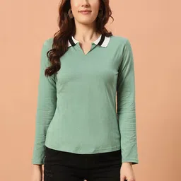 the dry state Women Solid Round Neck Pure Cotton Green T-Shirt-picture-25