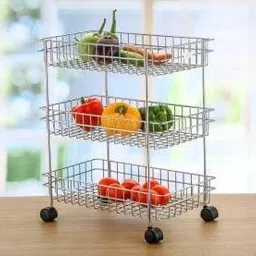 kinglet Vegetable Trolley With Wheel 3 Layer Multipurpose Vegetable Trolly Stainless Steel Steel Kitchen Trolley image 2