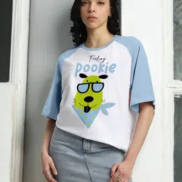juneberry Oversized Women Printed Round Neck Pure Cotton Blue, White T-Shirt-picture-12
