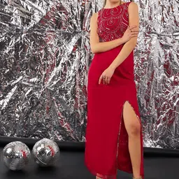Women Fit and Flare Red Knee Length Dress-image-41