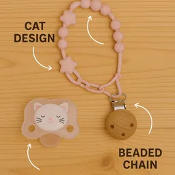 kids basic Cat Design BPA-Free Silicone Pacifier with Star Beaded Chain & Wooden Clip Teether image 3