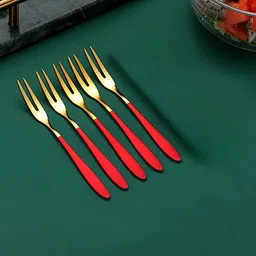 harva Portable Forks Tasting Cocktail Appetizer Forks Mini Party Travel (Red & Gold) Stainless Steel Fruit Fork, Salad Fork, Dessert Fork Set image 3
