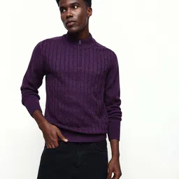 dennis lingo Men Solid High Neck Purple Sweater image 3