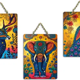 ranovaa Wooden Wall Hanging with Elephant and Peacock | Artwork Home Decor (DWA_9666) Pack of 3-picture-35