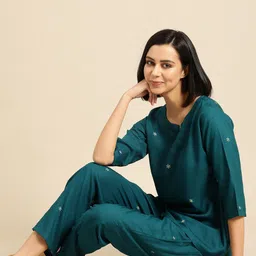 dreambe Women Night Suit Set Dark Green Solid-picture-18