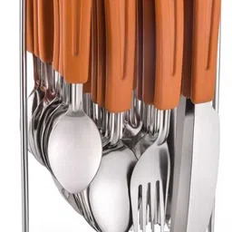 Orange Stainless Steel Spoon Set & Fork Set of 24 pcs in one pack with Spoon Stand/Holder for kitchen/Dining Table Stainless Steel Cutlery Set (Pack of 24) Steel Cutlery Set-image-7