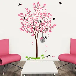 decal o decal 1 cm Wall Decals ' Pink Tree With Birds Cage And Nest '(PVC Vinyl,Multicolour) Self Adhesive Sticker image 3