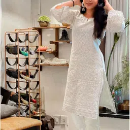 zazadiya enterprise Women Chikan Embroidery Pure Cotton Straight Kurta-picture-13