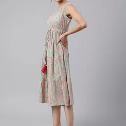 devdham Women Fit and Flare Light Blue, White, Orange Midi/Calf Length Dress image 5