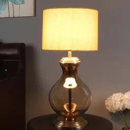 Beige Iron & Cloth Shade Table Lamp With Brown Base By Sapphire image 1