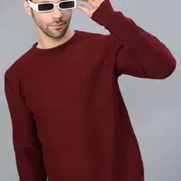 v-mart Men Self Design Round Neck Maroon Sweater-picture-32