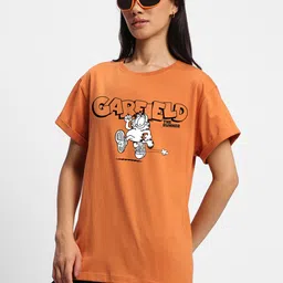 bewakoof Women Graphic Print Round Neck Pure Cotton Orange T-Shirt-picture-24