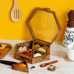 Handcrafted 6 Compartment Mango Wood Spice Box by eCraftIndia image 2