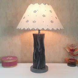 disoo fashions Handmade Vase Design Distress Rustic Tree Log Finish Wooden Lamp with Cotton Shade (Grey & Beige) image 1