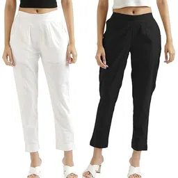 style grid Pack of 2 Women Regular Fit Black, White Pure Cotton Trousers-picture-28