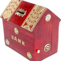 smarts collection Wooden red colour hut shape coin bank with 1 lock and 2 keys Coin Bank (Black, Gold) Coin Bank-picture-16
