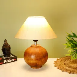 disoo fashions Beige Shade With Brown Wooden Matka Handmade Table Lamp image 1