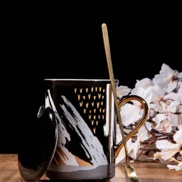 GIBOX Printed Coffee Mug with Lid & Spoon Black Large Ceramic Mug with Stirrer for Tea Coffee Lover 400ml Aesthetic image 1