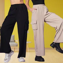 irha Pack of 2 Women Regular Fit Black, Cream Cotton Blend Trousers-picture-22