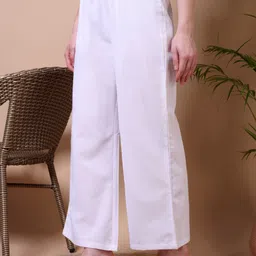 Women Regular Fit White Cotton Blend Trousers-image-0