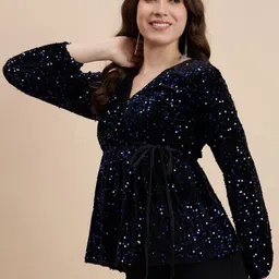 drape and dazzle Party Bell Sleeves Self Design Women Blue Top image 3