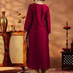 rare thread Women Embroidered Silk Blend A-line Kurta image 2