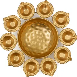 d4decor Gold Flower Decorative Urli with 10 Diyas Urli Bowl for Diwali Decoration Iron Table Diya-picture-27