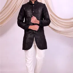 Pooja Ethnic Pooja Ethnic Men's Black Silk Indo Western with Pant PE9089 Embroidered Sherwani image 2
