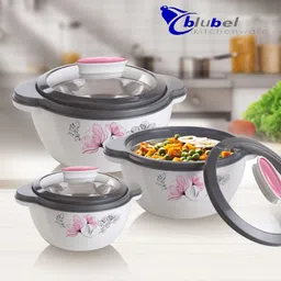 blu bel Glaze Jr Inner Pink Color Stainless Steel Casserole Set With Transparent Lid Pack of 3 Thermoware Casserole Set image 5