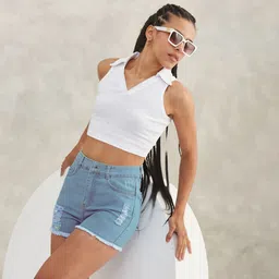 dolce crudo Solid Women Denim Blue Baggy Shorts-picture-20