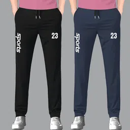 flyzen Pack of 2 Men Solid Black, Dark Blue Track Pants image 1