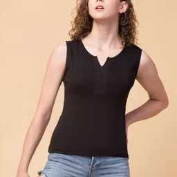 inuka Women Solid V Neck Cotton Blend Black T-Shirt-picture-27