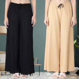 kwsh Pack of 2 Women Regular Fit Black, Cream Viscose Rayon Trousers-picture-37