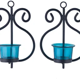 homesake Set of 2 Decorative Wall Sconce/Candle Holder With Turquoise Glass and Free T-light Candles Glass, Iron 2 - Cup Tealight Holder Set image 2