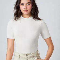 kotty Women Solid High Neck Cotton Blend White T-Shirt-picture-25