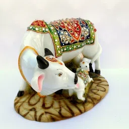 elitetouch Home Decorative Marble Kamdhenu Cow and Calf Statue Showpiece Decorative Showpiece - 8.5 cm image 2
