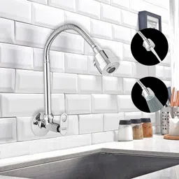 spazio SmartBuy Prime Flexi Sink Cock/Sink Faucet With Swivel Shower Spout - Flexi Play With 360 Degree Moving Hose, Dual Flow Type Hot/Cold Water Tap With Wall Flange Bib Tap Faucet image 3
