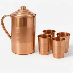 tambaveda Pure Copper Water Jug Set with 4 Glass Health Benefit Drinkware | 2000 ml Jug Glass Set image 1