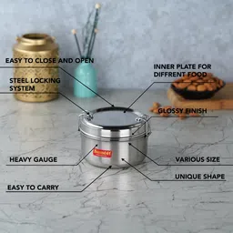 sumeet Stainless Steel Meal Pack Tiffin with Steel Separator Plate & Locking Clip,13cm 1 Containers Lunch Box image 2