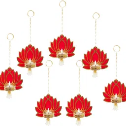 seankraft Traditional Handmade Terracotta Lotus Hanging Tealight Diyas for Diwali Brass 10 - Cup Candle Holder image 3