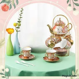 deedecorwave Pack of 1 Ceramic Tea Set Teapot with 6 Cups,6 Saucers & Holder Stand Random Pattern Designs image 2