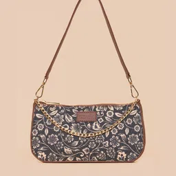 ZOUK Black Floral Printed Structured Baguette Bag with Applique image 1