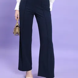 Women Flared Dark Blue Cotton Blend Trousers-image-79