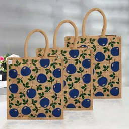 heart home Jute Blue Apple Grocery Bag|Shopping Bag with Handle|Pack of 3|Brown Pack of 3 Grocery Bags-picture-12