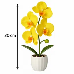ikko Orchid Plant & Ceramic Pot | Home Decor, for Living Room Corner Table, 5 Flower Yellow, Orange Orchids Artificial Flower with Pot image 3